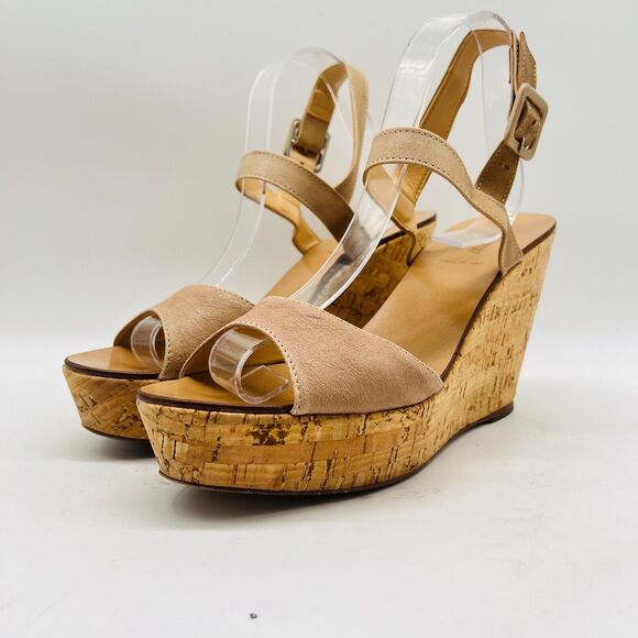 J Crew Shoes Womens 10 Beige Leather Cork Wedge Heels Platform Sandals - Picture 4 of 11